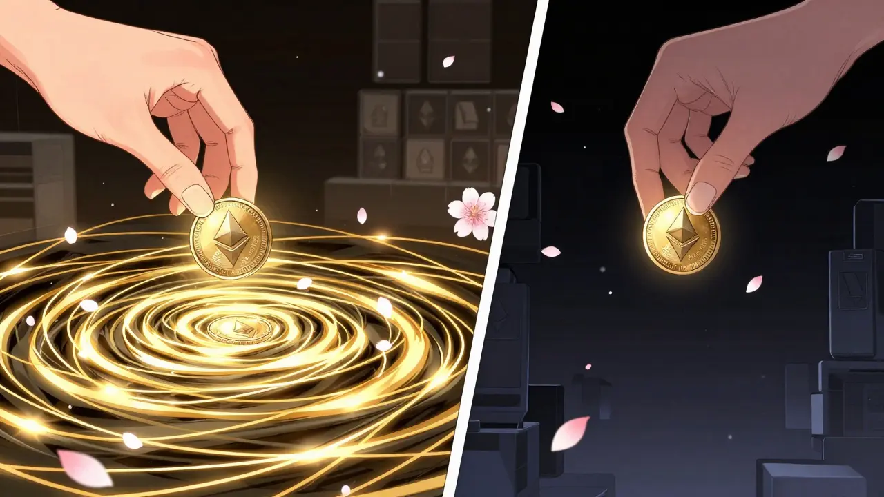 A hand deposits ETH into a golden pool while another withdraws from afar, with falling petals showing time passage.
