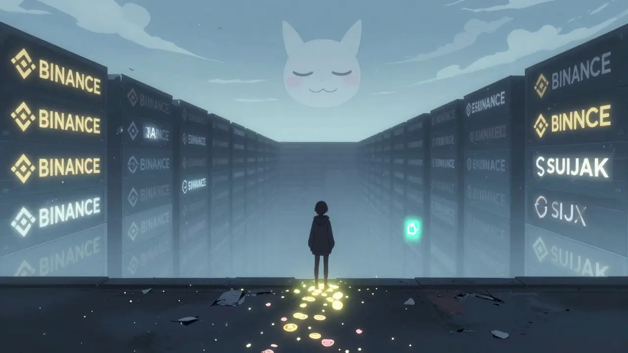 A lone figure beside a deserted crypto marketplace with a fading Wojak face in the sky.