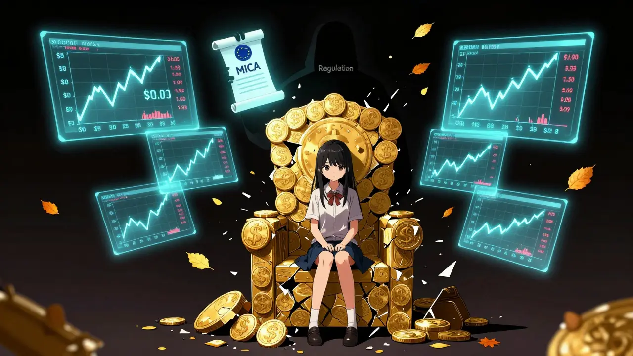 A lonely girl sits on a broken throne of shattered stablecoins, surrounded by drifting price charts and silent GitHub commits.
