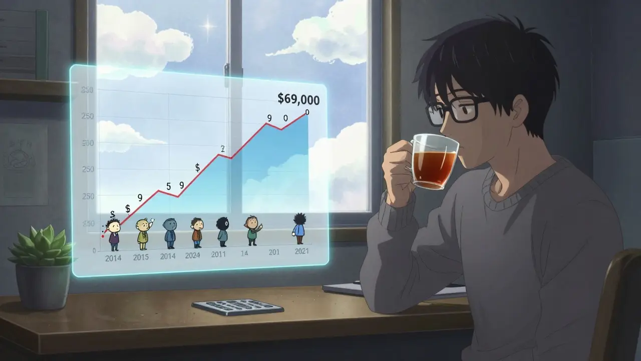 A man sipping tea as a holographic Bitcoin price chart shows its rise from 2014 to 2021, with calm surroundings and a metal seed phrase plate nearby.
