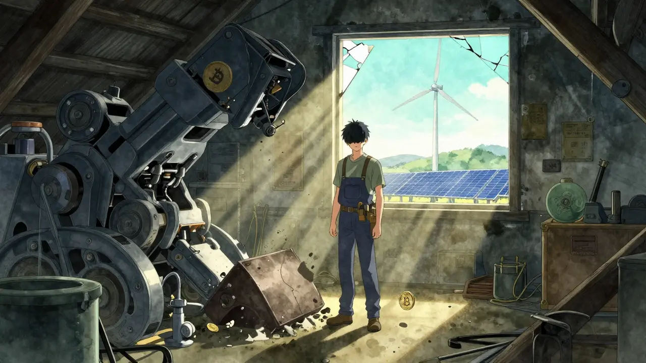 A miner watches as illegal rigs are crushed, while renewable energy powers the future.