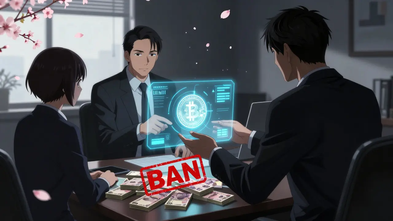 A Russian businessperson receives crypto from abroad while a 'BAN' stamp looms over rubles in a shadowy office.