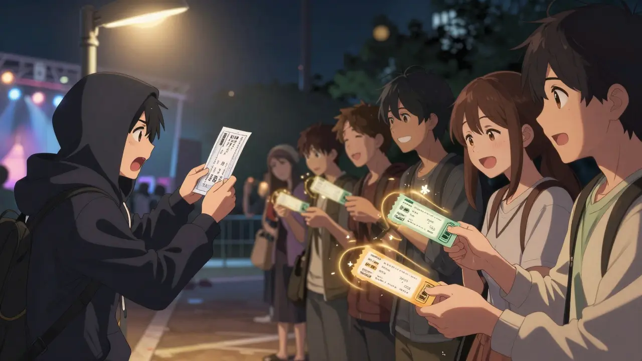 A scalper tries to copy a paper ticket while fans safely trade NFT tickets with golden royalty flows to artists.