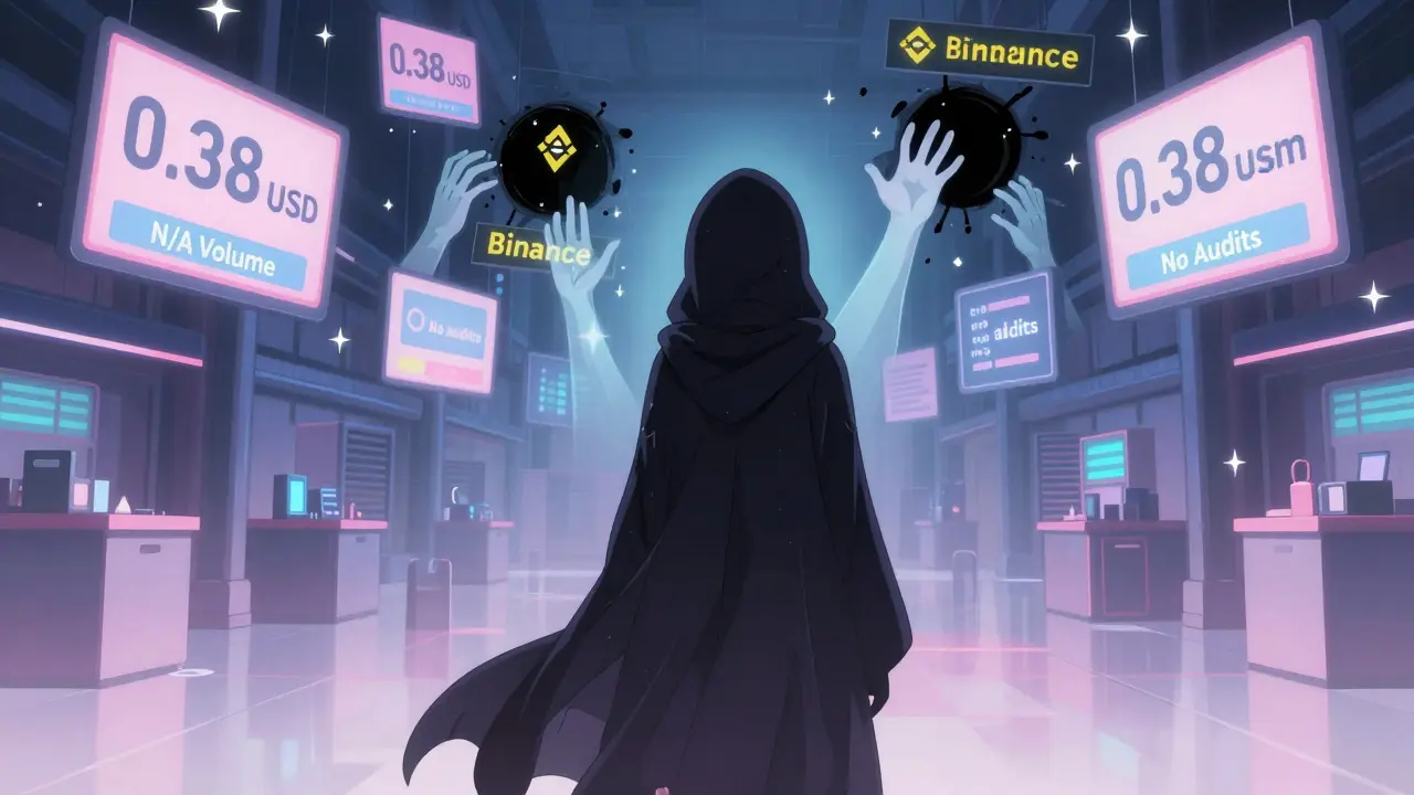 A shadowy figure faces an empty trading terminal with ghostly hands reaching from exchange logos in a neon void.