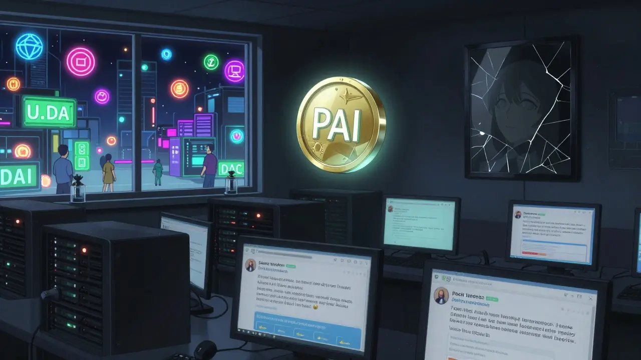 A single PAI token glows in a dark server room while vibrant DeFi projects shine outside, representing its quiet fade into obscurity.