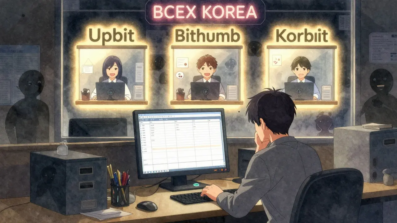 A trader hesitates to deposit money as three legitimate exchanges glow warmly in the background.