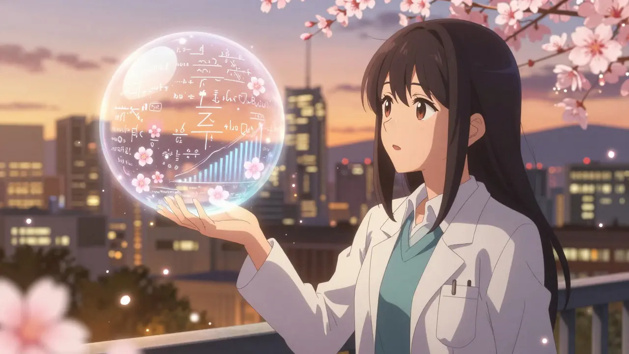 A woman asks a data orb a question, and floral equations bloom around her as sales data transforms into cherry blossoms.