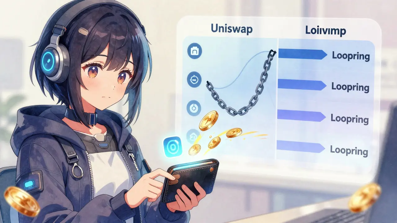 A young trader connecting her wallet to Loopring, with fast, low-cost trades shown as floating icons against slow, heavy Uniswap chains.