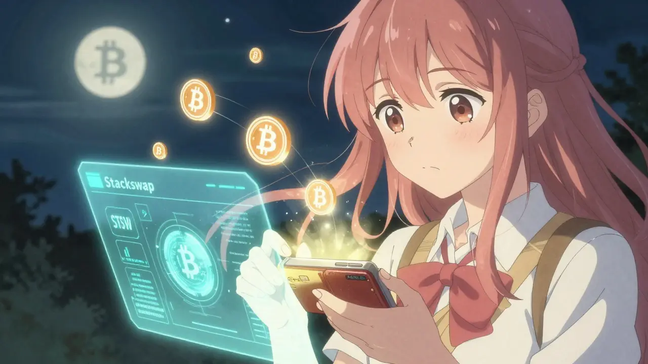 A young woman connects her Hiro Wallet to a glowing DEX interface, STSW tokens orbiting her as Bitcoin shines in the night sky.