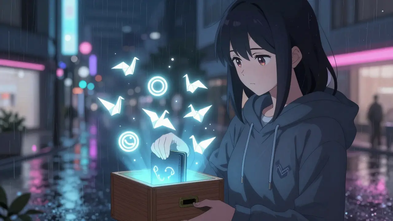 A young woman placing a Monero wallet in a box as glowing origami cranes rise around her in a rainy cityscape.