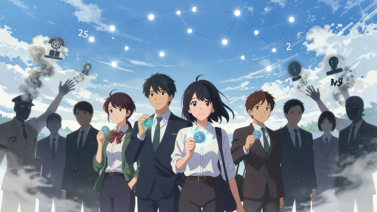 Diverse individuals hold glowing Monero coins under a sky shaped like seed phrases, while shadowy figures fade into smoke.