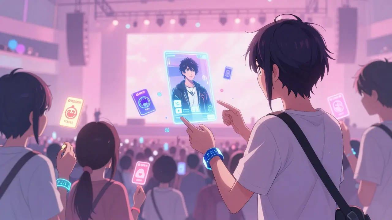 Fans at a concert wear glowing wristbands as holographic musicians appear, with digital perks floating around them.