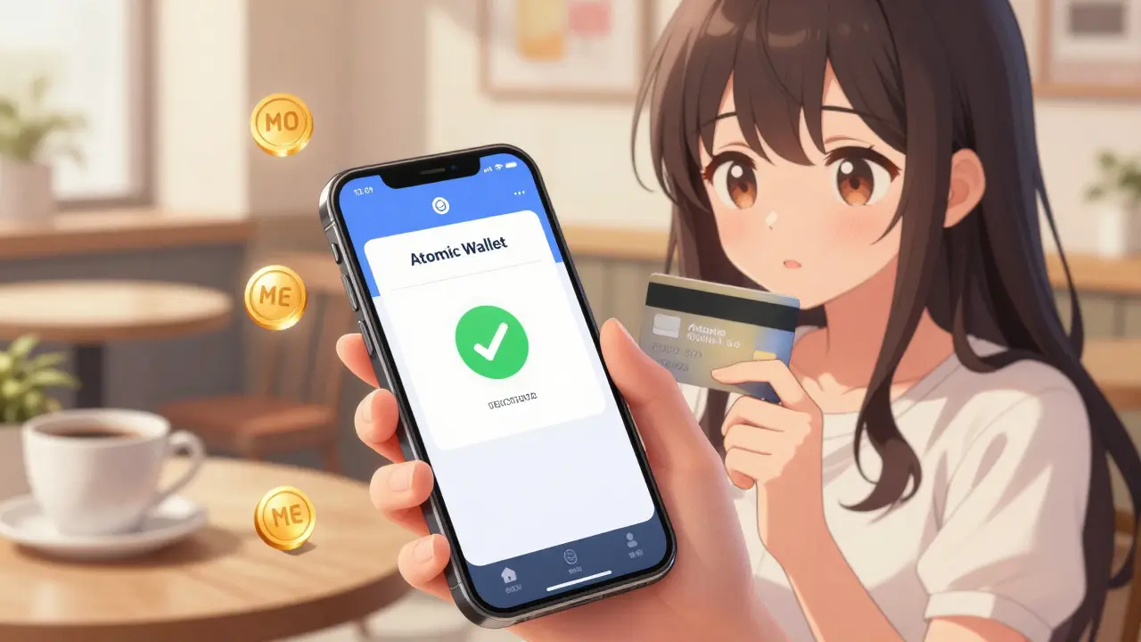 Girl purchasing MOE tokens via Atomic Wallet using credit card in café
