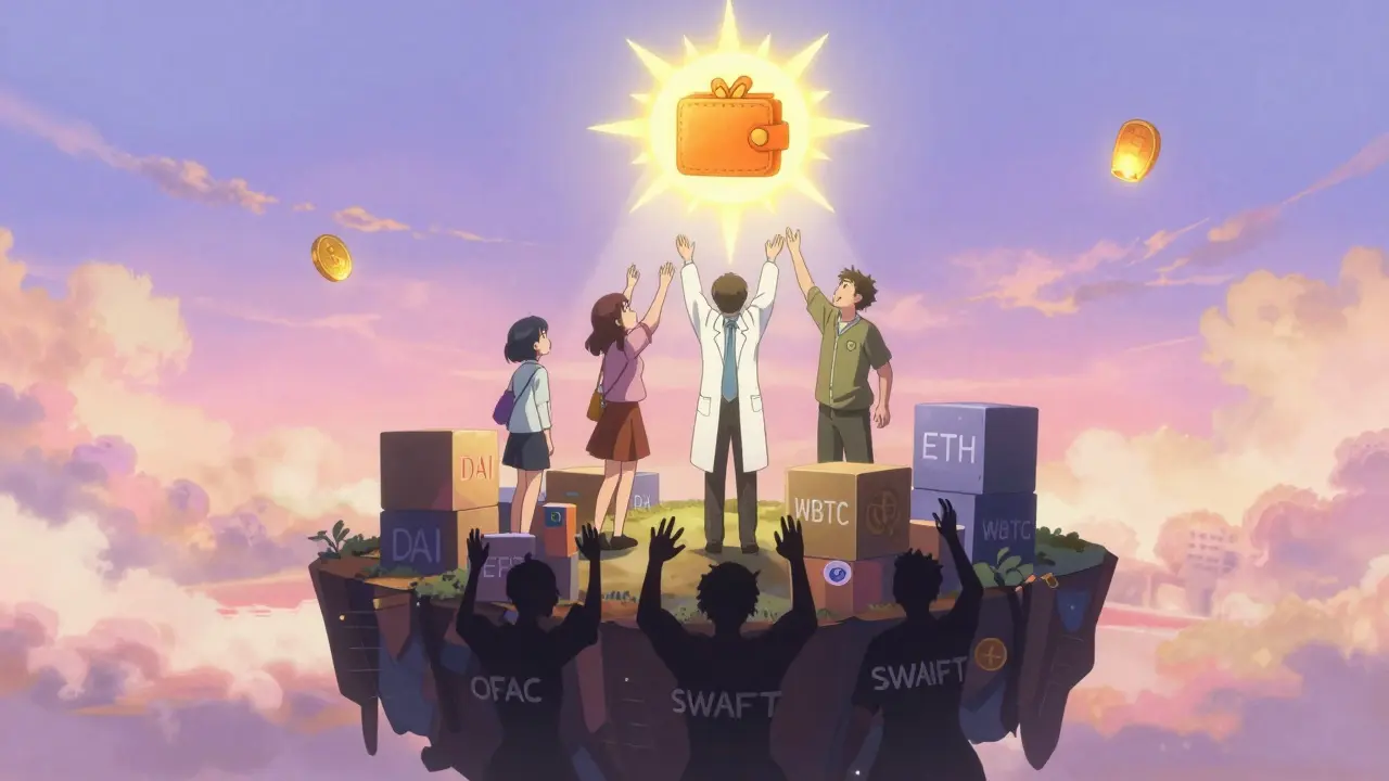 Ordinary citizens stand on a blockchain island as shadowy regulators reach up from below, bathed in warm golden light.