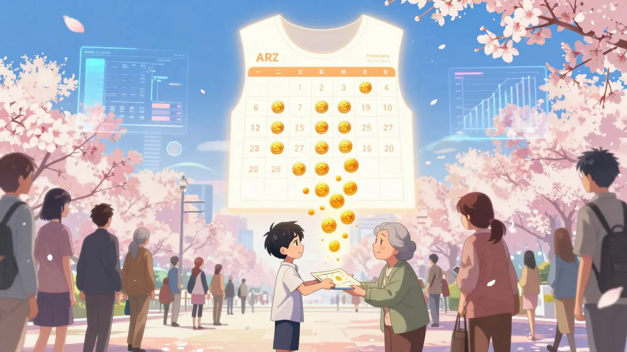 People in a digital plaza earning FORWARD tokens through teaching and learning, with a glowing vesting calendar in the sky.