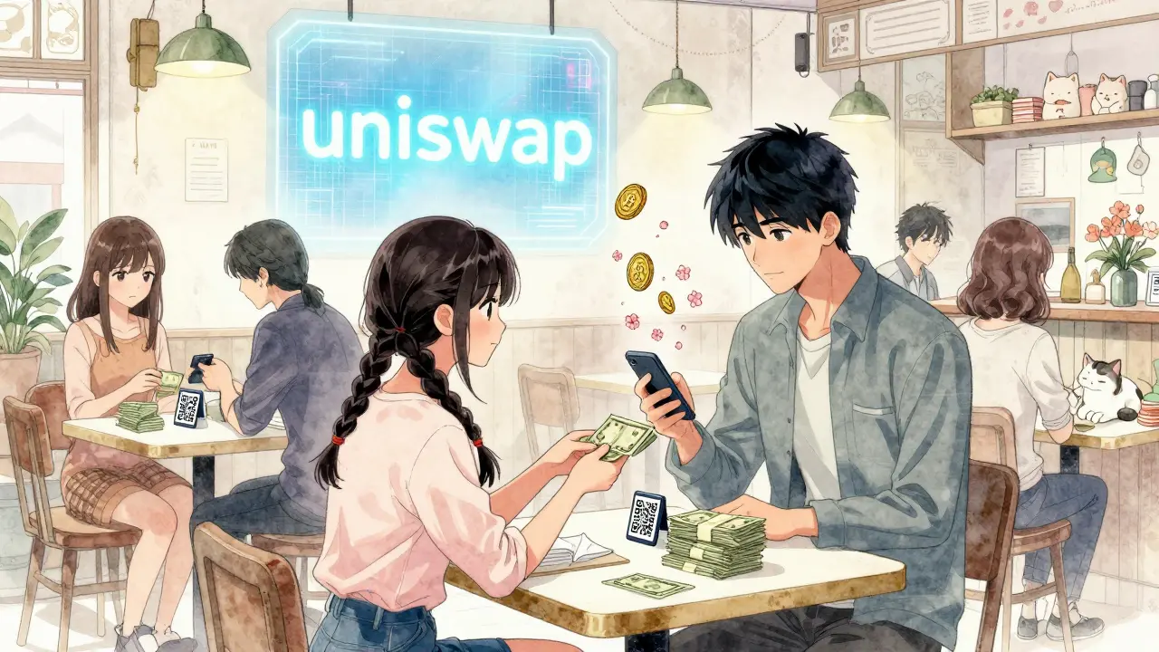 People quietly trade cash for cryptocurrency in a dim café, with digital coins swirling like petals in the air.