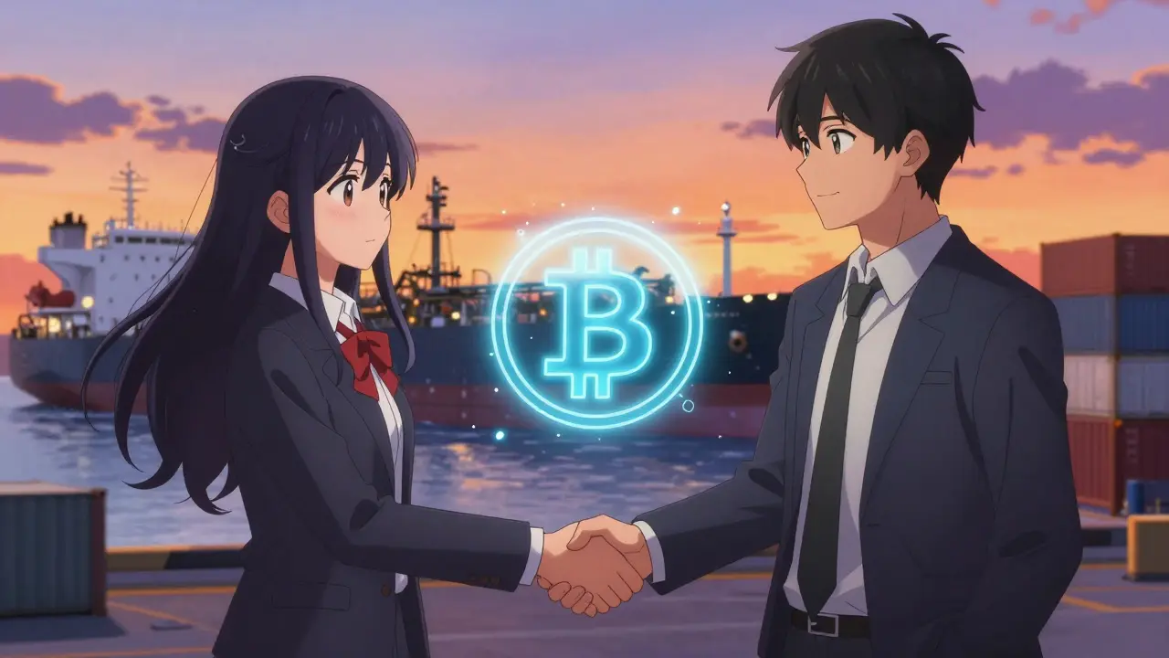 Russian and Chinese partners shaking hands over Bitcoin symbol at port.