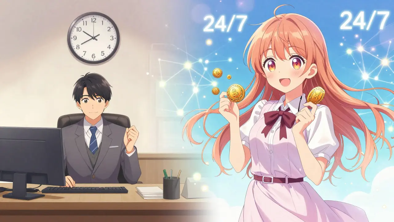 Split-screen of traditional stock trading vs 24/7 blockchain trading