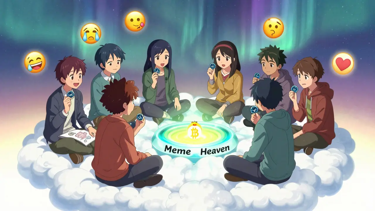 Teenagers sharing SUIJAK tokens on a cloud platform, with floating emojis and glowing memes.