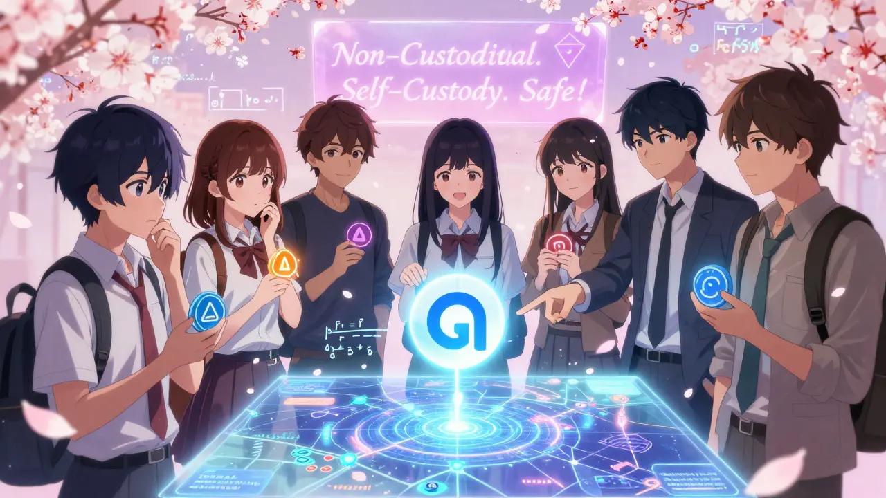 Teens examining a holographic Cardano map, with SundaeSwap’s logo glowing brightly as token icons float around them.