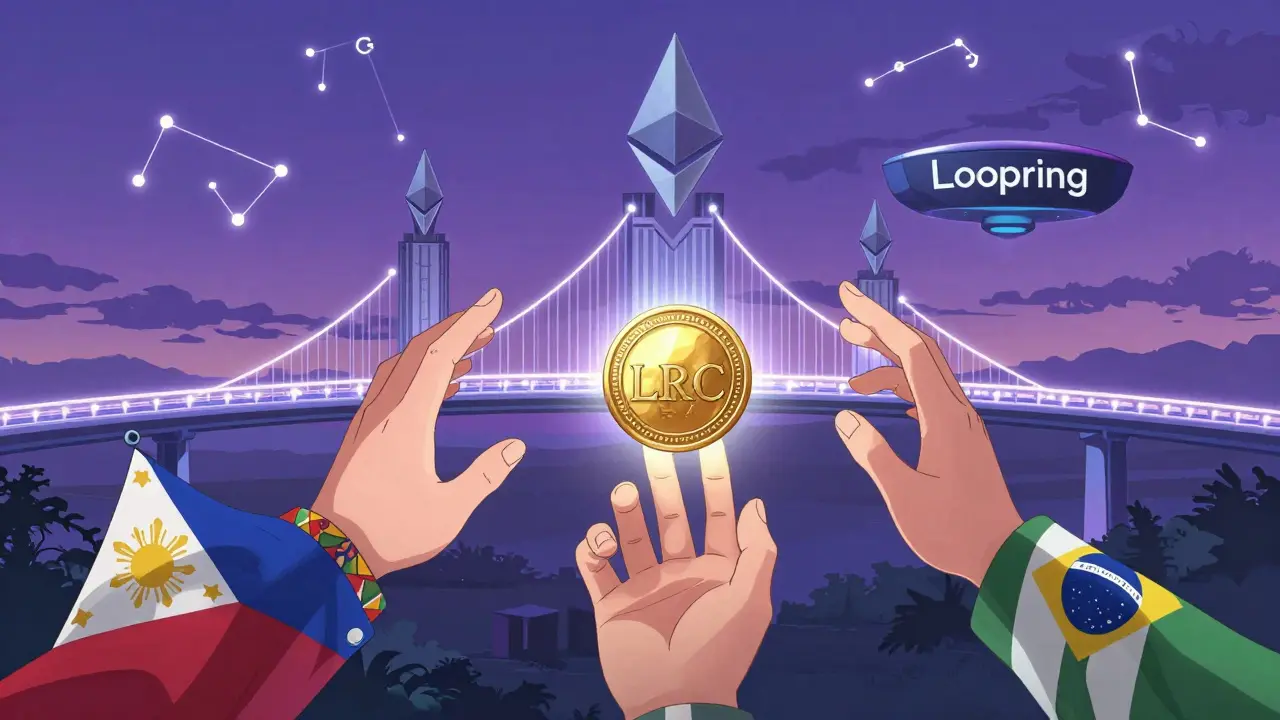 Three hands from different countries reaching toward a glowing LRC token, connected by a bridge of light between Ethereum and Loopring.
