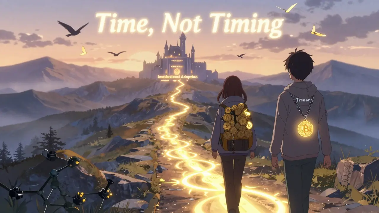 Two figures walking a path—one burdened by failing altcoins, the other carrying Bitcoin and Ethereum, toward a golden castle of institutional adoption.