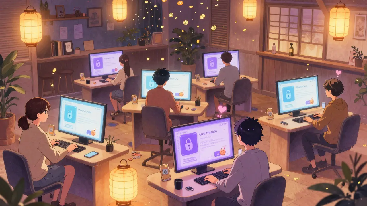 Users smiling at glowing dashboards as WMX tokens gently rain down in a cozy digital lounge.