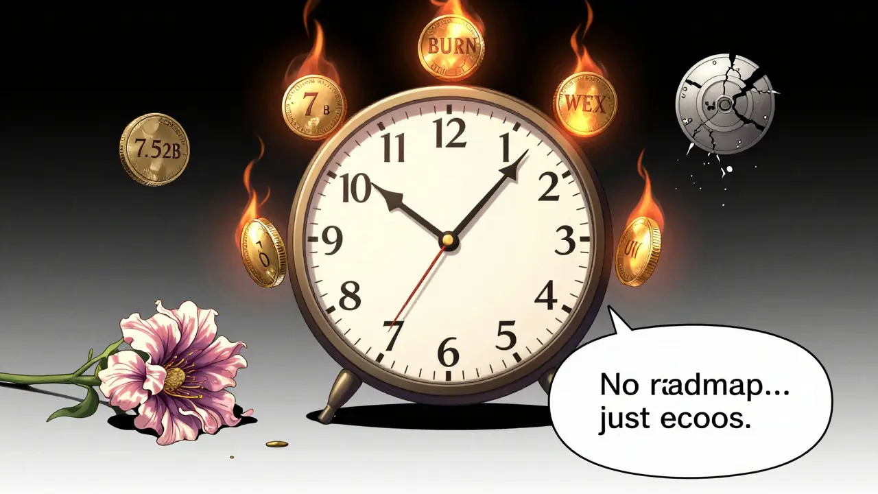 A backward-ticking clock made of burning tokens floats in void, surrounded by WEX supply symbols and a wilted flower.