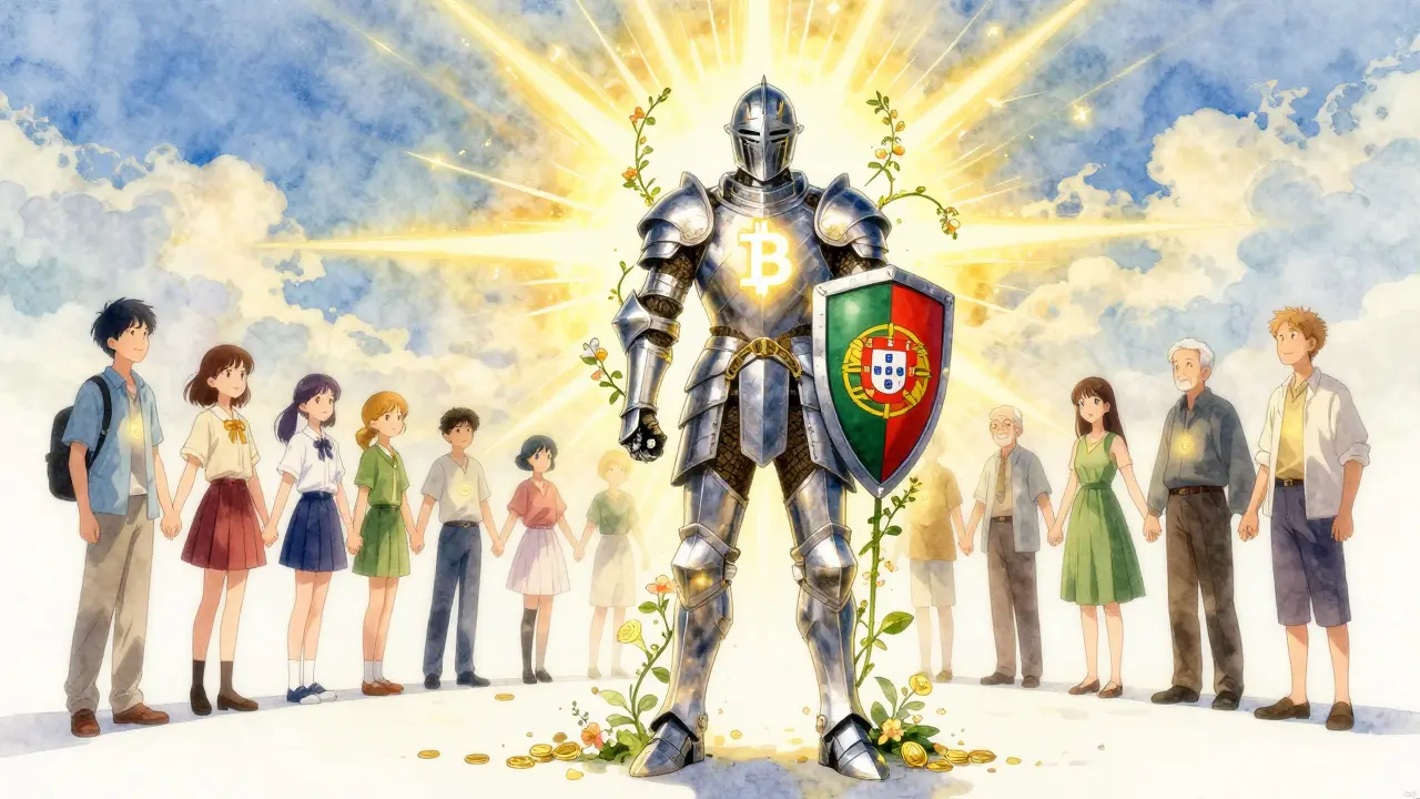 A Bitcoin knight stands beside a Portuguese shield as diverse users walk forward into a future of safe, regulated crypto.
