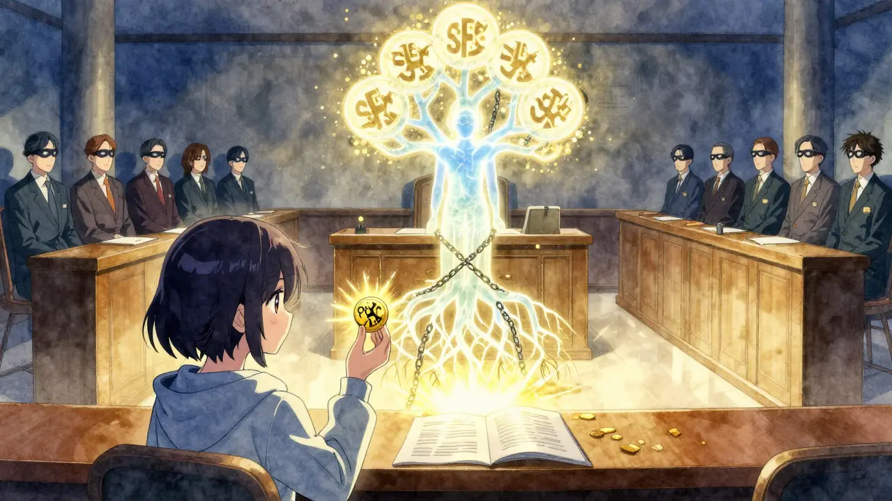 A blockchain tree on trial in court, a girl holds a broken PAC token as light shines from an FEC document.