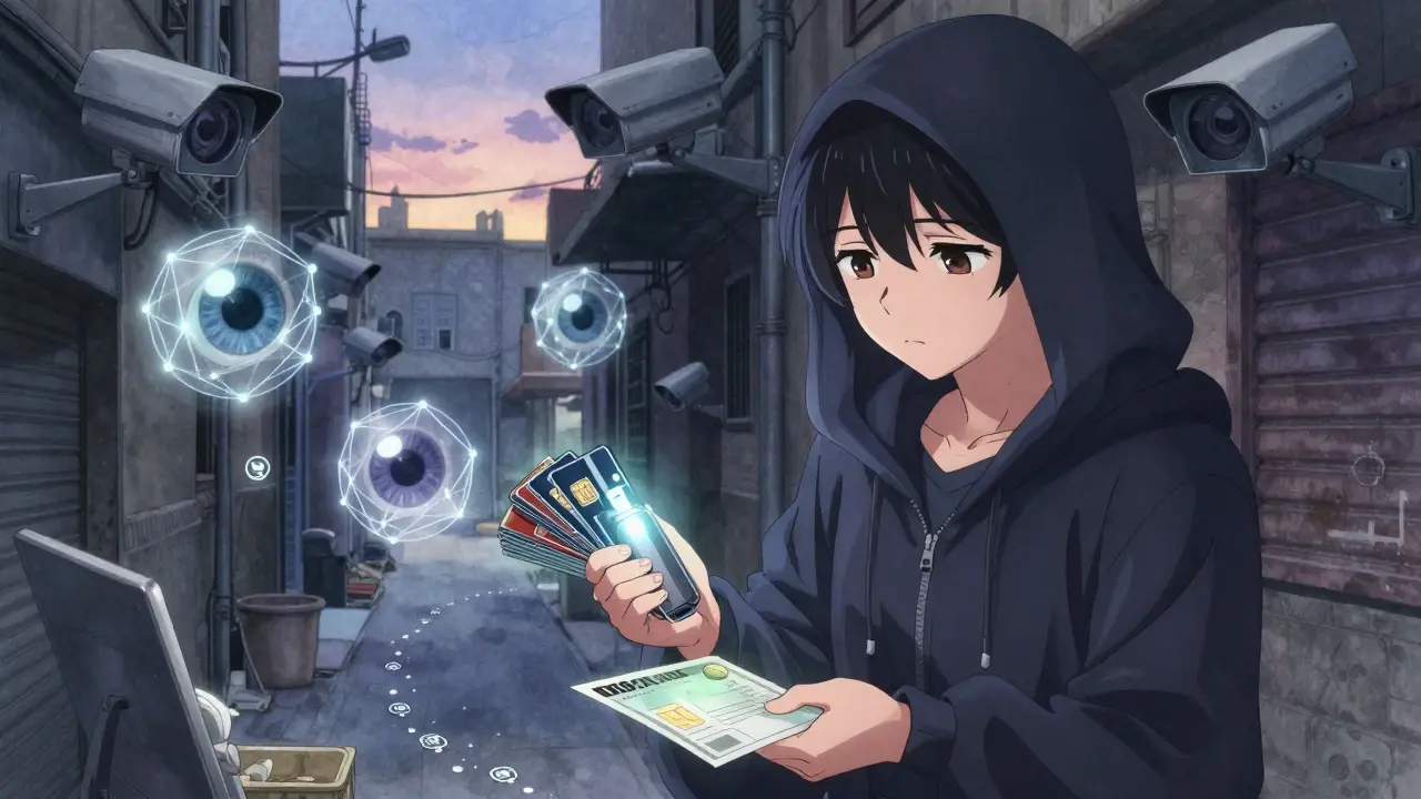 A clandestine exchange in a Tehran alley, with floating surveillance eyes watching as a hooded figure receives foreign SIM cards and an IBAN document.