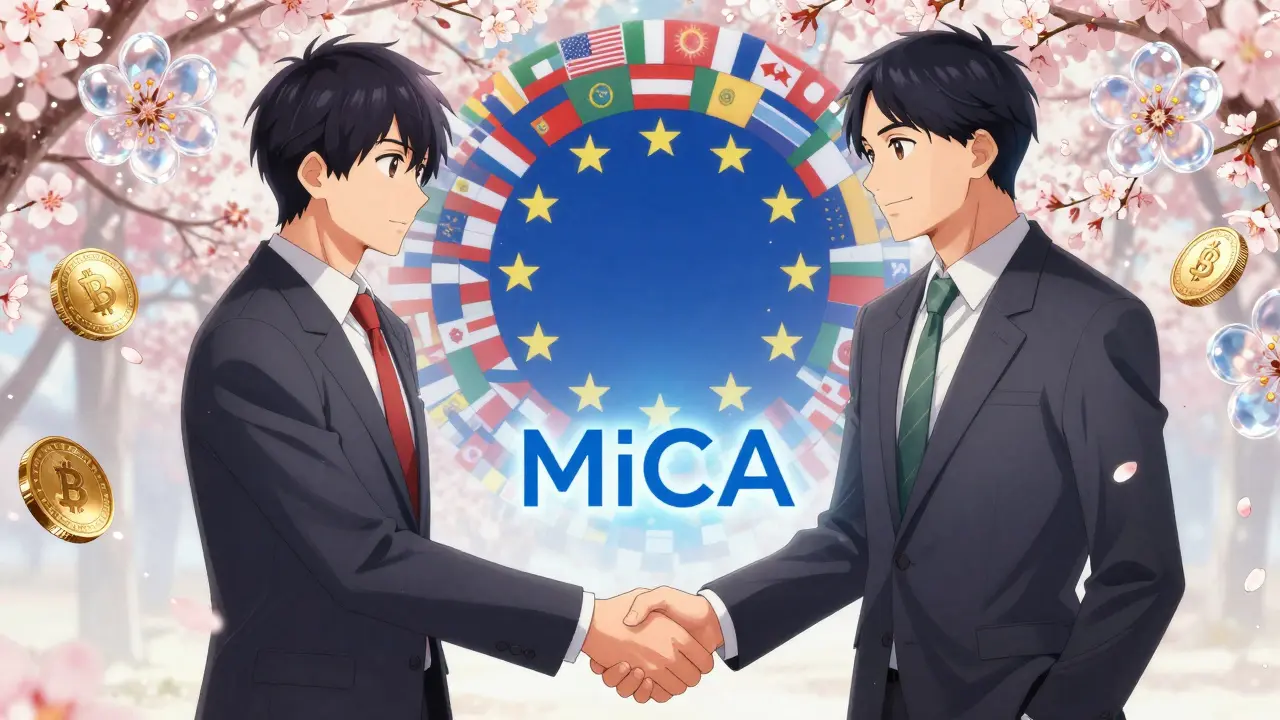 A European regulator and global crypto founder shake hands over a glowing MiCA logo.