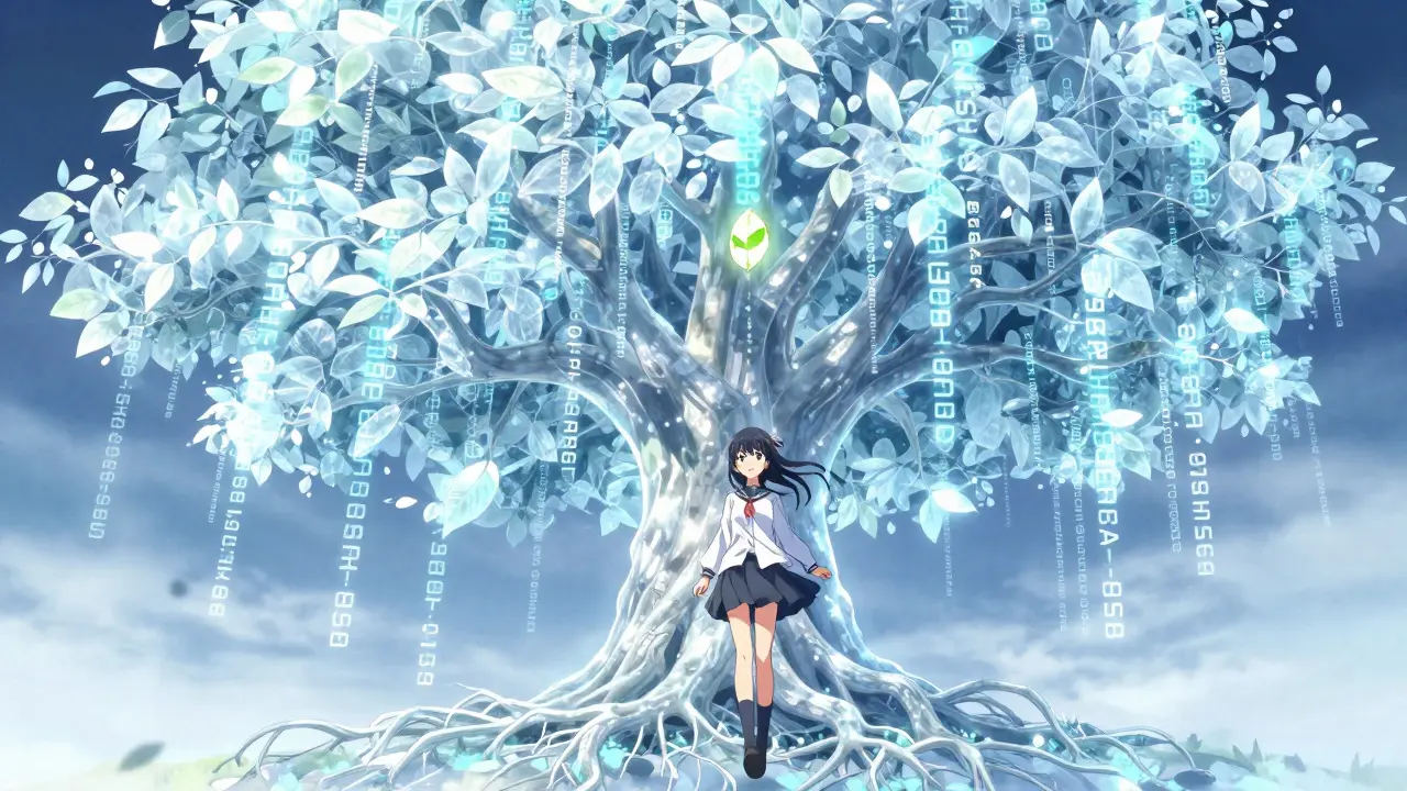 A girl before a crystalline digital tree with transaction leaves, one flickering as light cascades through its branches.