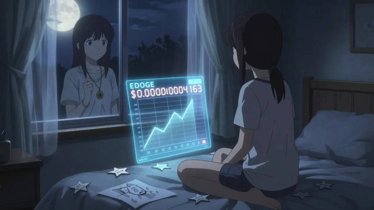 A girl gazes at a frozen EDOGE price chart in her dim room, moonlight casting shadows of forgotten airdrop memories.