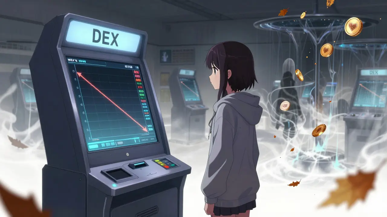 A girl stares at a plummeting WEX price graph at a deserted DEX terminal, surrounded by dissolving liquidity pools.