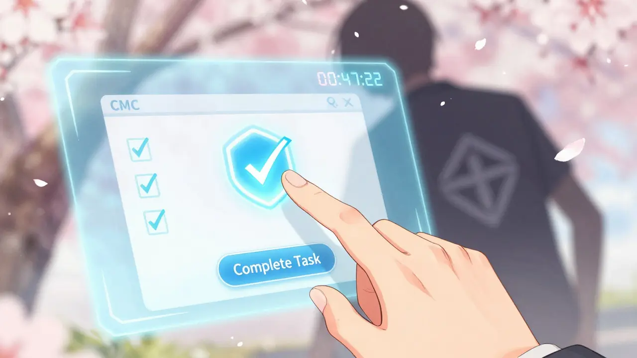 A hand hovers over a 'Complete Task' button with a ticking timer, protected by a blue checkmark shield from fake scams.