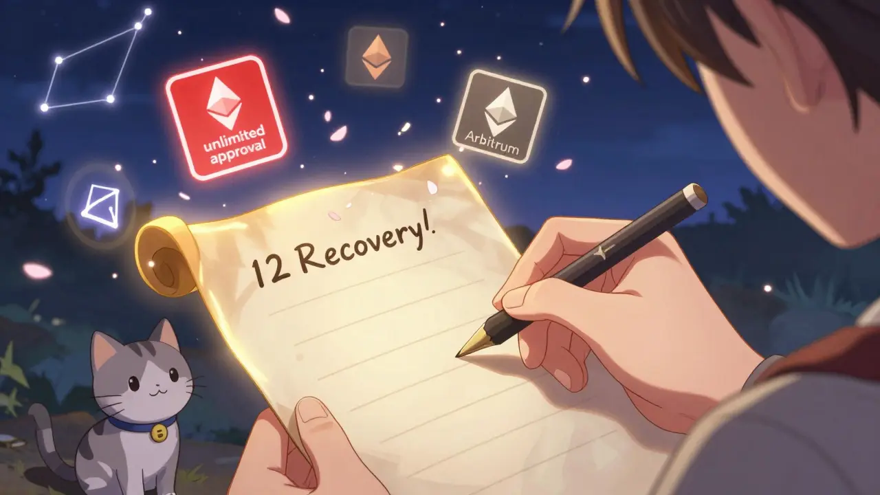 A hand writing a recovery phrase protected by light, with warning icons fading away as digital petals drift around.