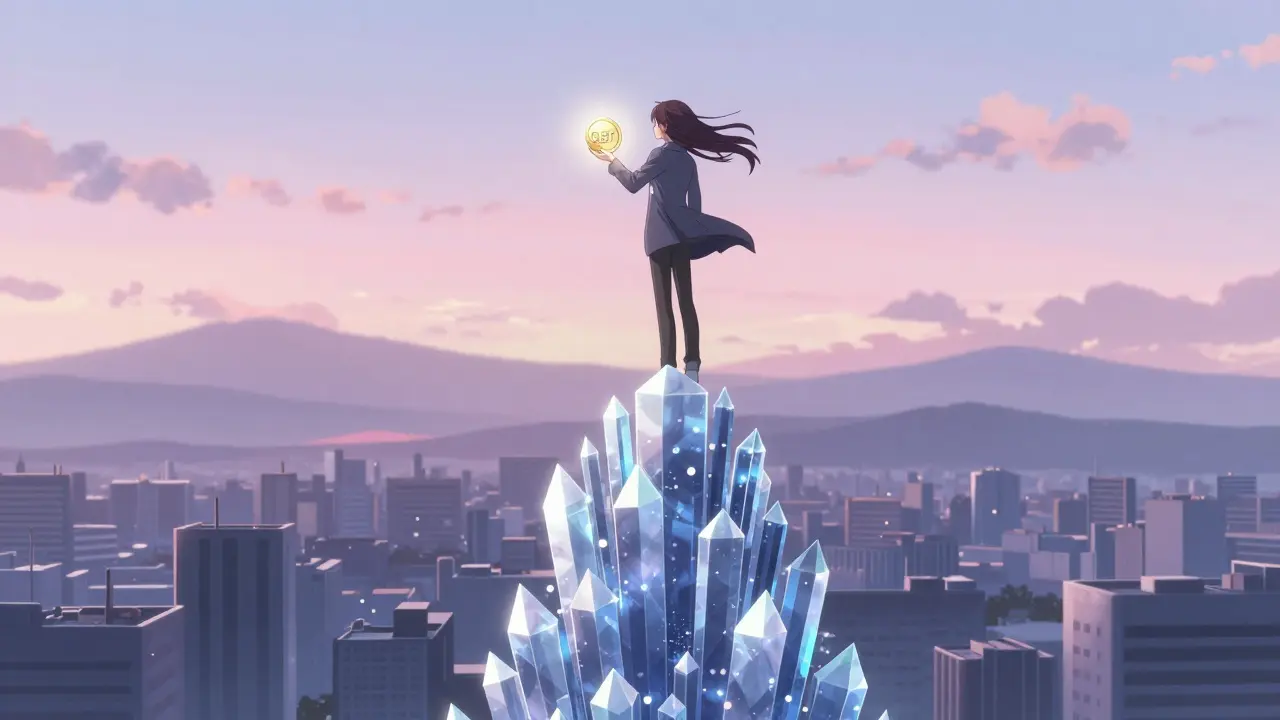 A lone figure atop a smart contract tower holds a QBT token, illuminating a quiet city of decentralized finance.