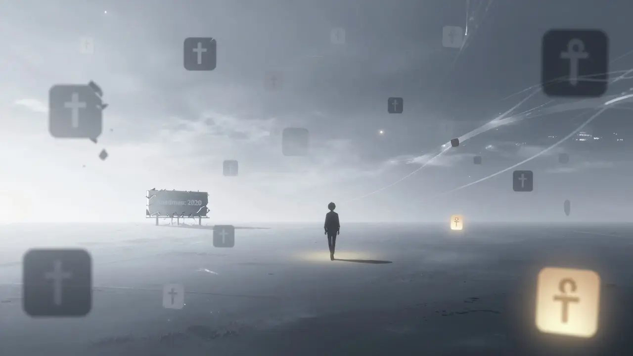 A lone figure walks through a fading digital world with a single glowing FLY token ahead.