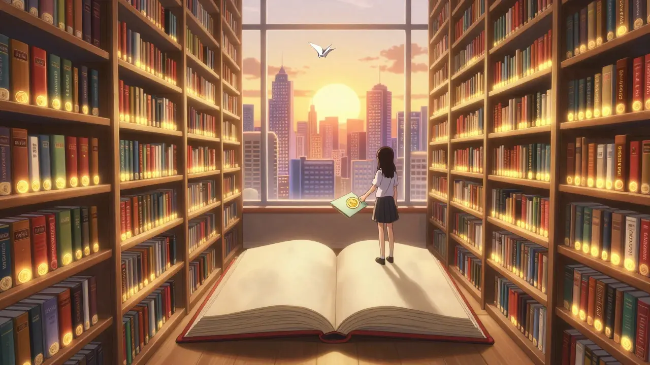 A lone girl places a token into an open, blank book titled ElonDoge, as other crypto books gather dust in a silent library.