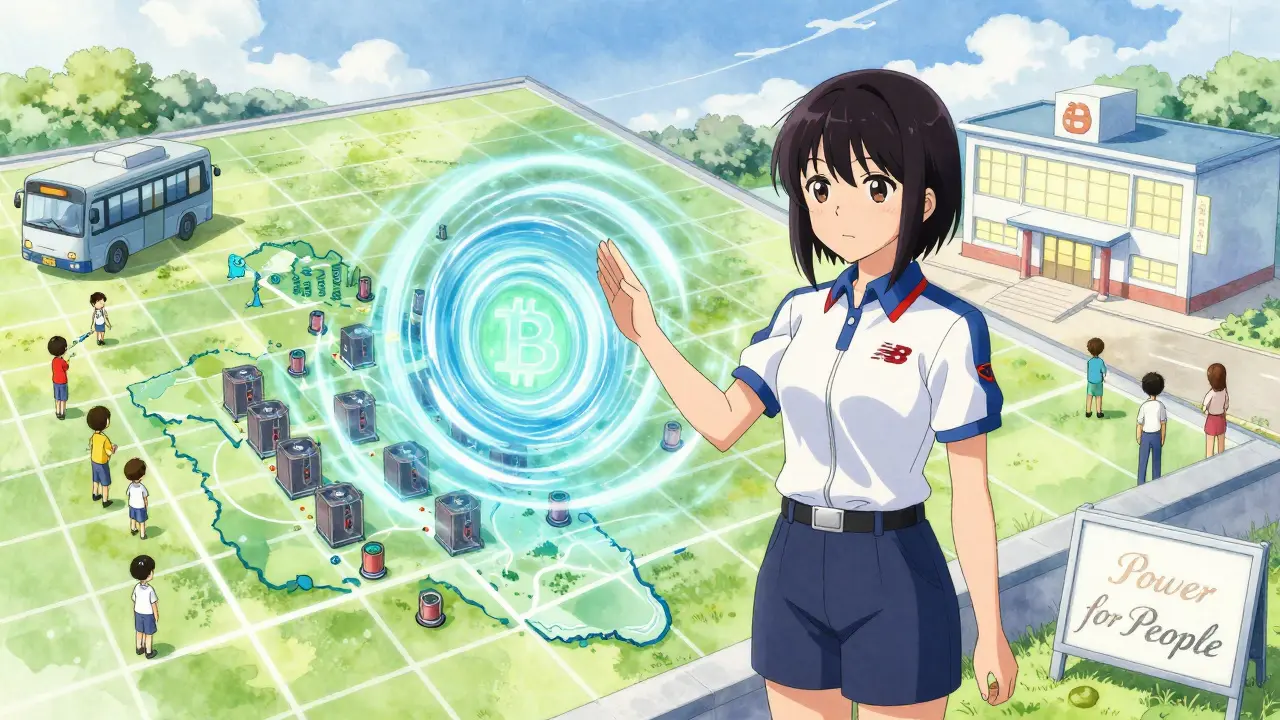 A NB Power worker blocking digital mining rigs from the grid, while homes and a hospital glow safely in the background.