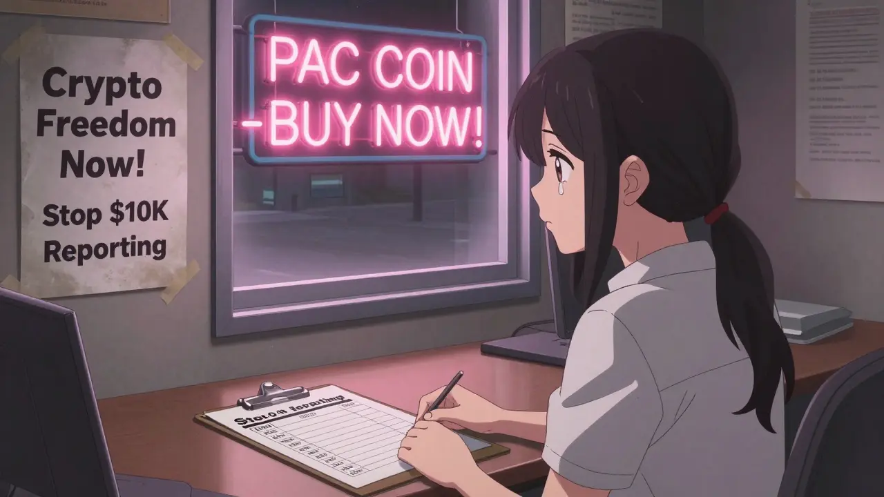 A quiet campaign office with zero-dollar records and a flickering fake 'PAC COIN' ad outside, a girl looks saddened.