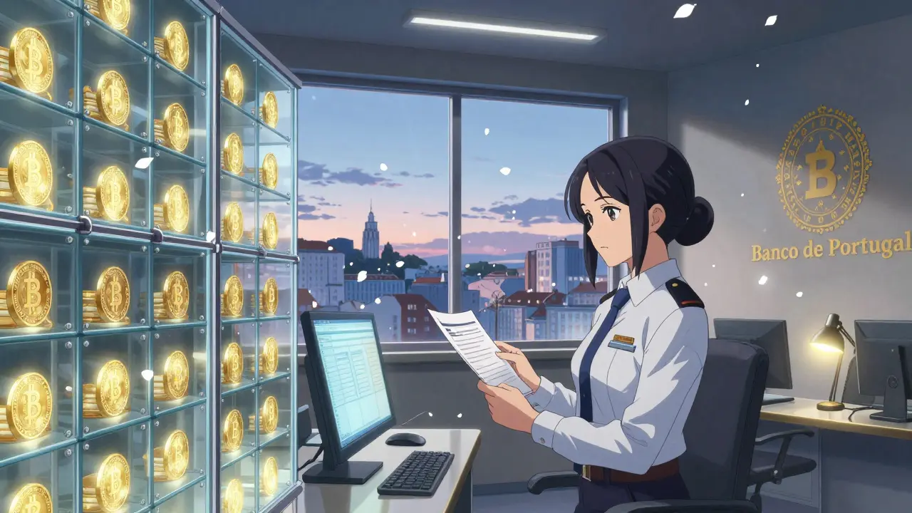 A security officer in a modern crypto office monitors regulated digital assets under soft lighting with a Portuguese license visible.