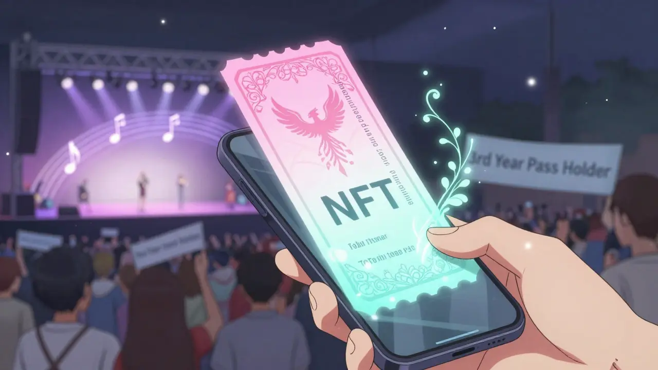A smartphone projects an ornate NFT ticket with floral patterns and glowing smart contract code, surrounded by festival lights and digital banners.