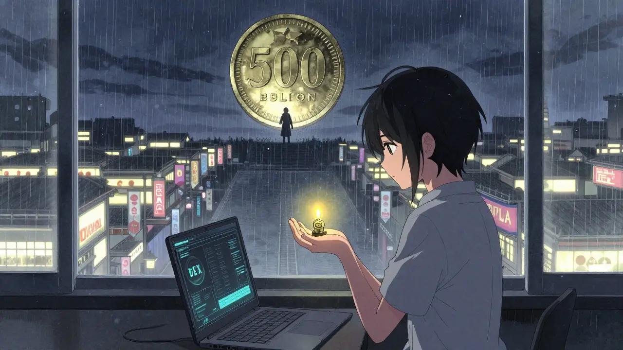 A teen holds a fading BEBE token as a massive token coin looms overhead in a lonely, rain-streaked room.