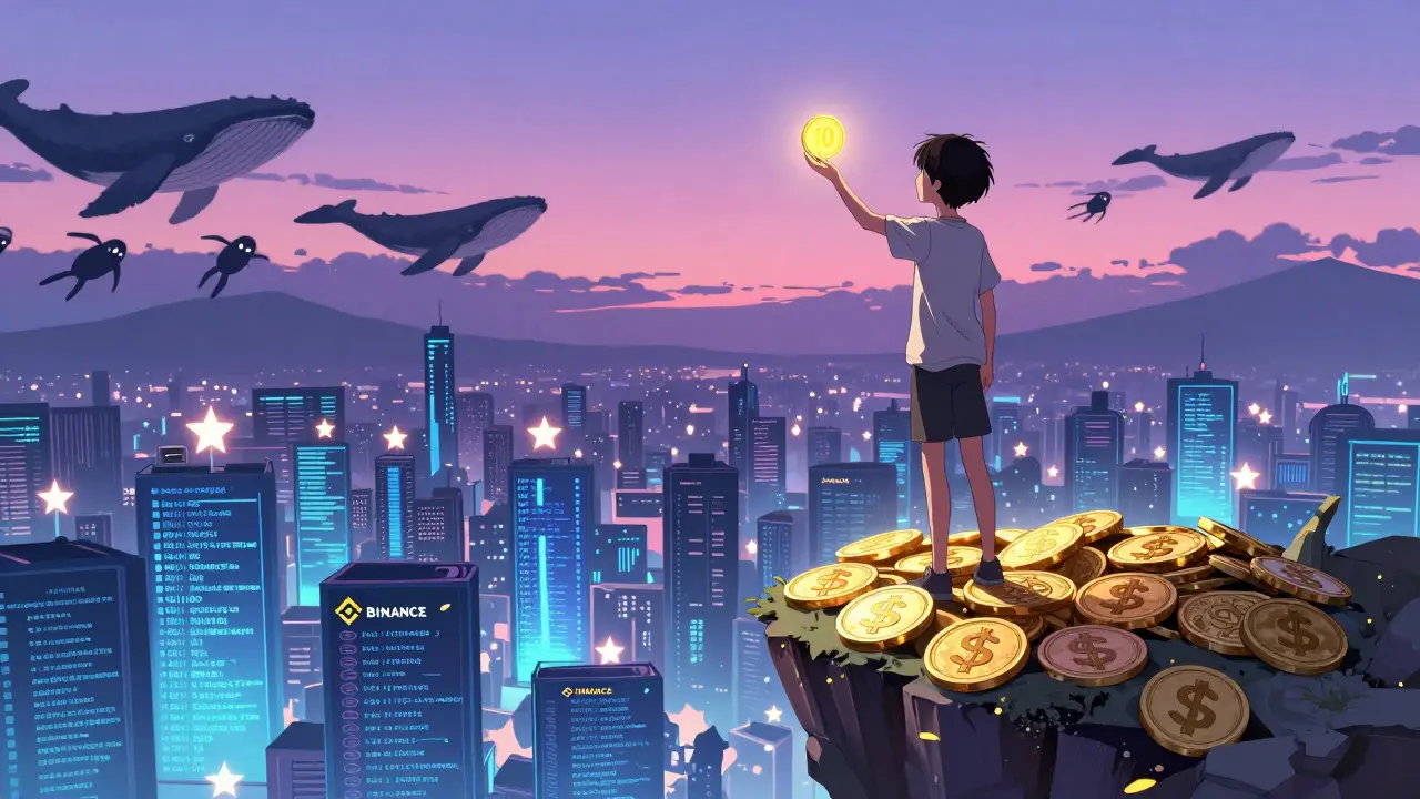 A teen on a floating island of crypto symbols reaching toward a city of new tokens rising in the sky.