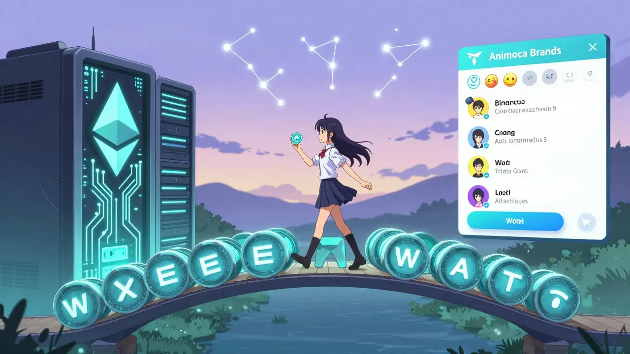 A young girl walks across a bridge made of GMEE and WAT tokens, connecting two digital worlds under glowing corporate logos.