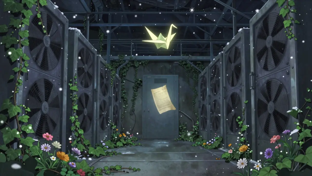 An abandoned crypto mine overgrown with flowers, a paper crane floating away as snow falls, representing quiet closure.