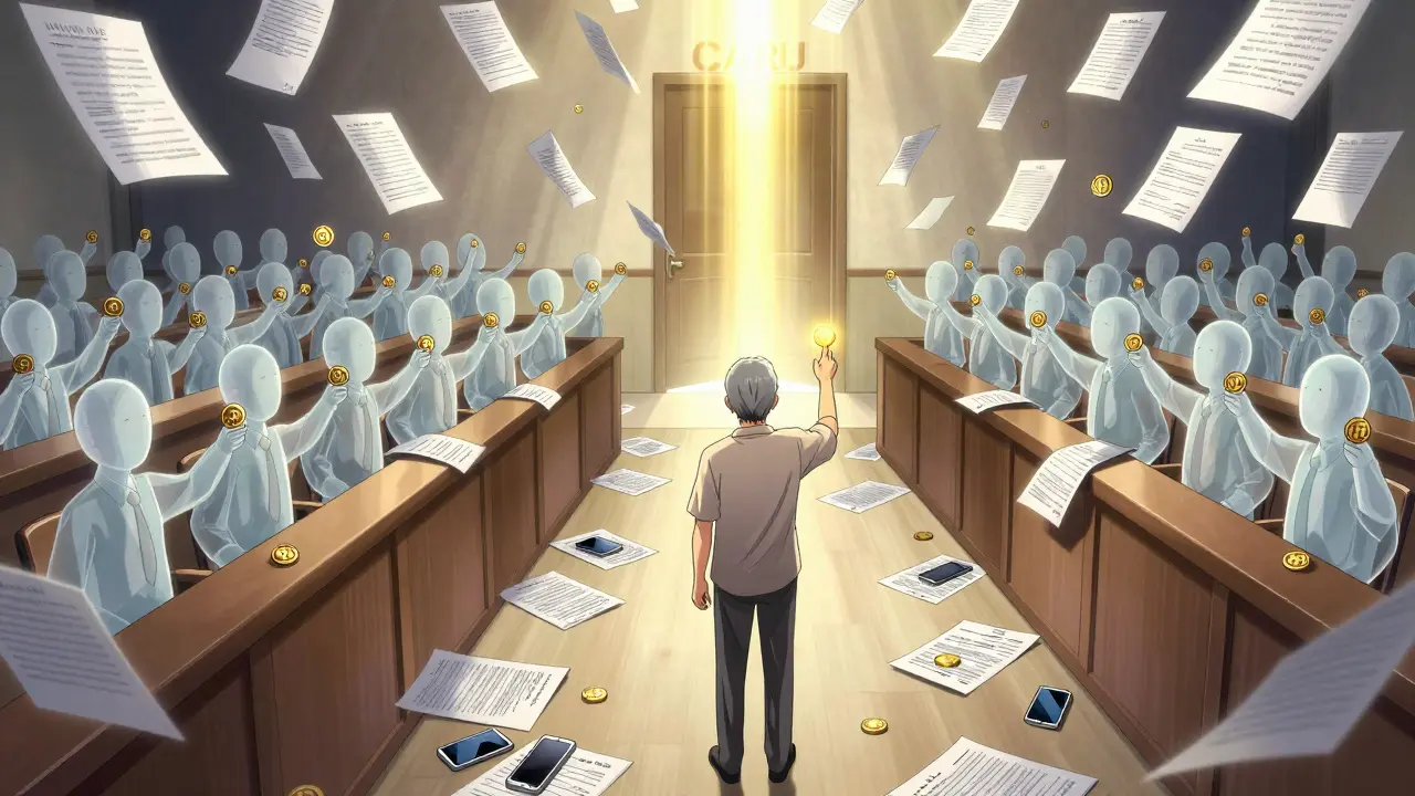 An elderly man reaches for a glowing USDT coin before a giant entity of legal papers, surrounded by discarded forms and others reaching similarly in the background.
