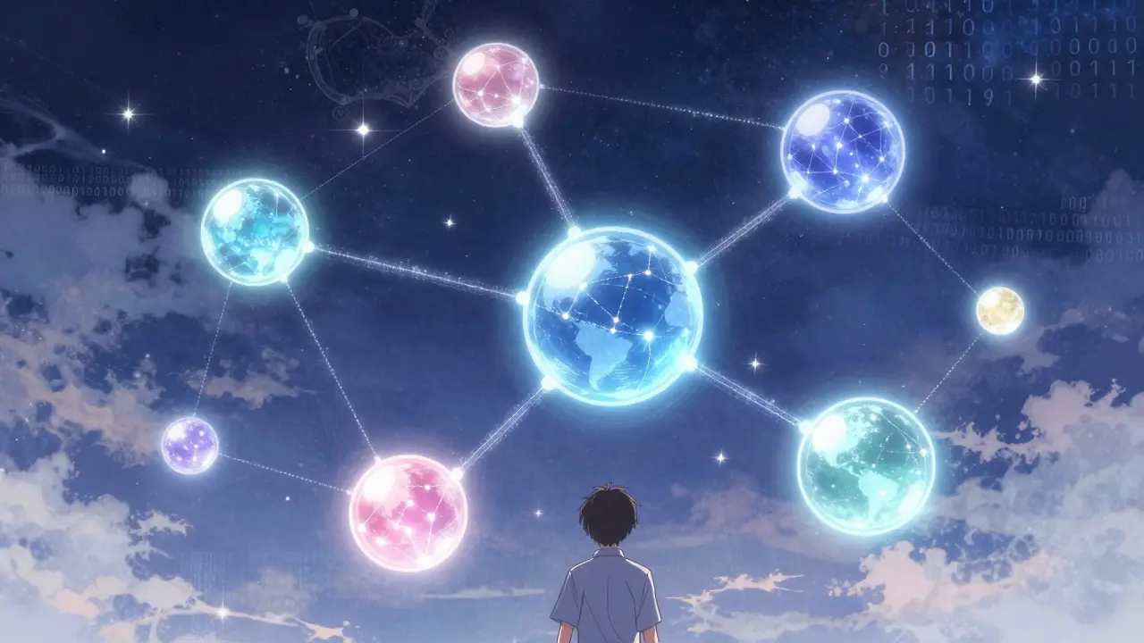 Anime character touching glowing orbitals in sky.
